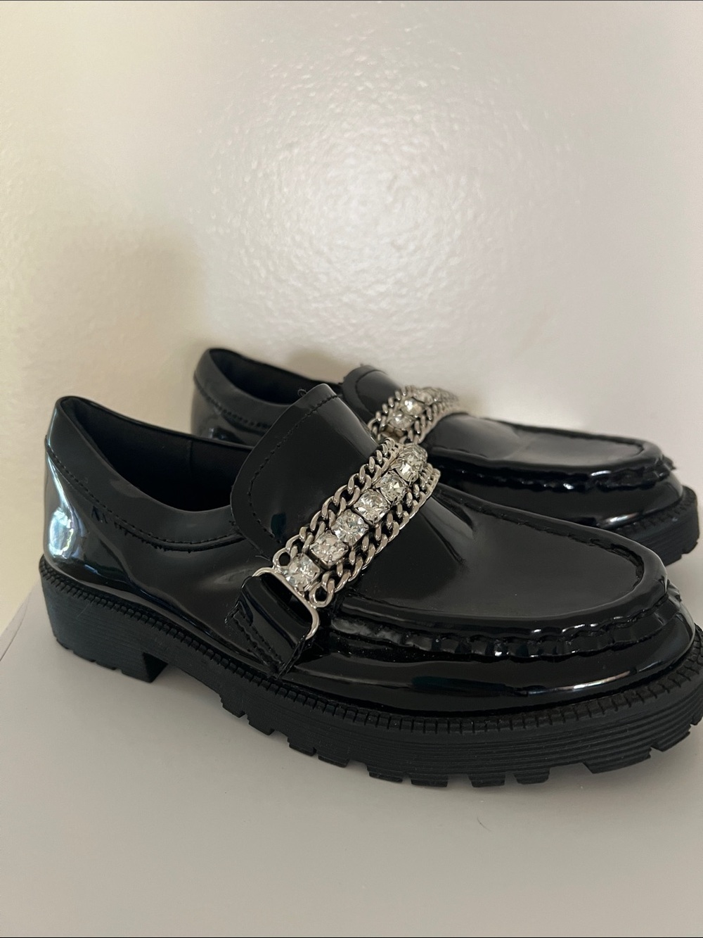 Steve Madden Girls Black Patent Loafers with Rhinestone Chain